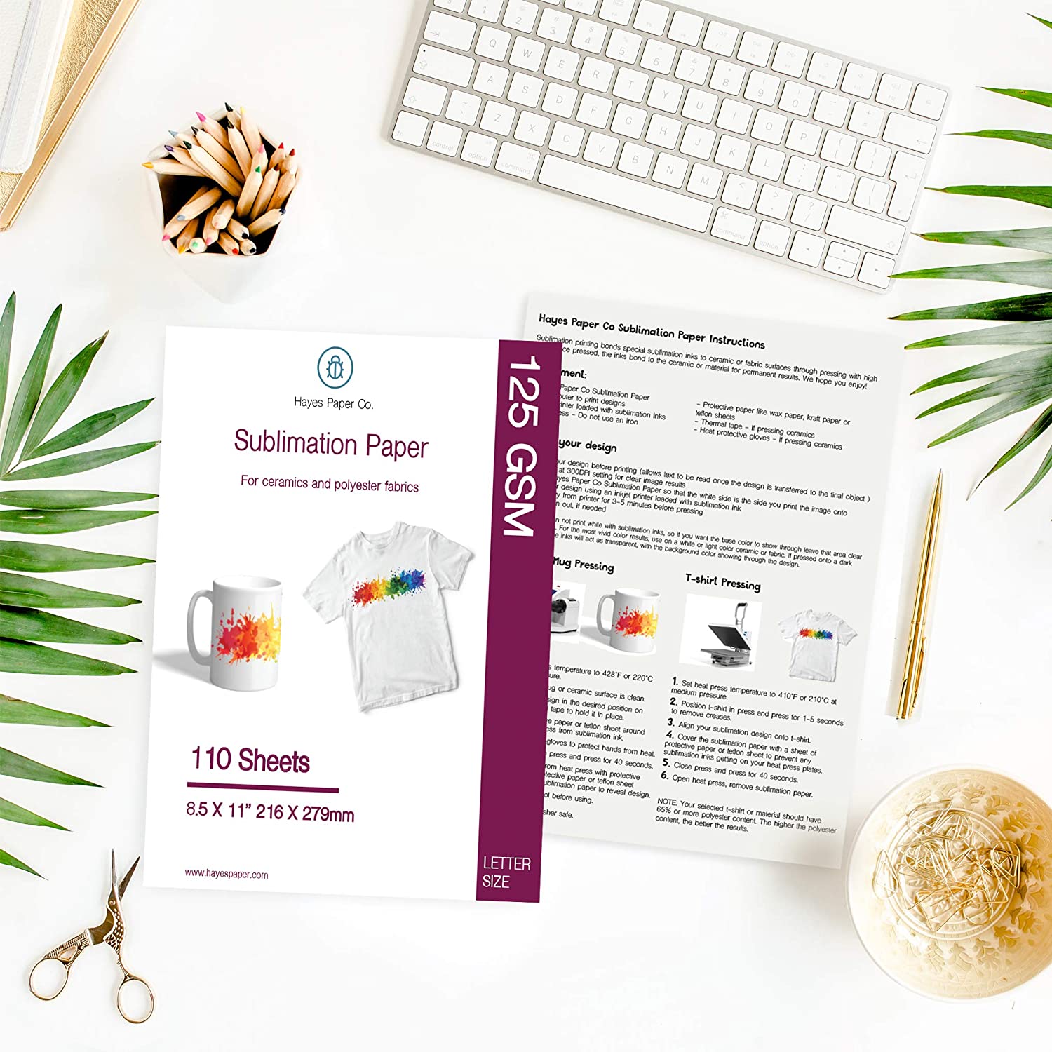 HAYES PAPER CO. Sublimation Paper for Heat Transfer onto Shirts, Ceramic Mugs, Works with All Inkjet Printers, 8.5x11 in. 110 Sheets, 125 GSM HAYES PAPER CO. Sublimation Paper for Heat Transfer onto Shirts, Ceramic Mugs, Works with All Inkjet Printers, 8.5x11 in. 110 Sheets, 125 GSM